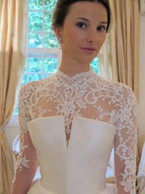 Puffy Long Sleeves High Neck Chapel Train Satin Lace Wedding Dresses_4