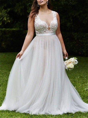 Tulle Scoop Sleeveless Court Train Lace Wedding Dresses_1