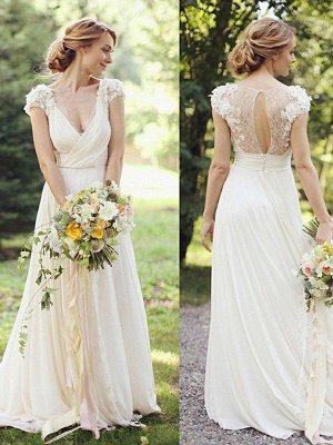 V-neck Short Sleeves Floor-Length Ruched Chiffon Wedding Dresses_1