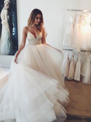 Puffy Crystal Tulle Wedding Dresses | Spaghetti Straps Sleeveless Court Train Bridal Gowns_1