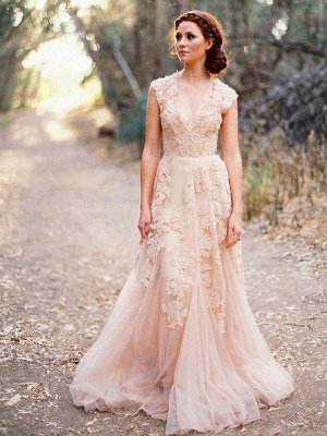 Elegant Tulle  Sleeveless Sweep Train Applique V-neck Wedding Dresses_1