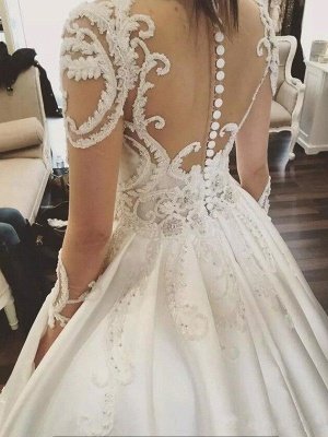 Long Sleeves Satin Puffy Scoop Cathedral Train Applique Wedding Dresses_5