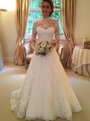 High Neck Court Train Puffy Long Sleeves Lace Wedding Dresses_2