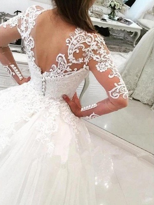 Dazzling Long Sleeves Cathedral Train V-neck Puffy Applique Lace Tulle Wedding Dresses_3