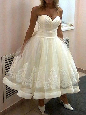 Tea-Length Puffy Sweetheart Tulle Sleeveless Applique Wedding Dresses_1