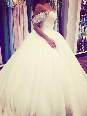 Sweep Train Beads Puffy Tulle Sleeveless Off-the-Shoulder Wedding Dresses_1