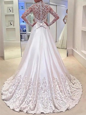 Stunning V-neck Satin Sweep Train Long Sleeves Wedding Dresses_3
