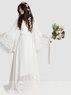 Alluring Floor-Length V-neck Chiffon Long Sleeves Lace Ribbon Wedding Dresses_6