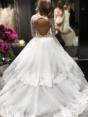 Lace Tulle Court Train Long Sleeves V-neck Puffy Wedding Dresses_3