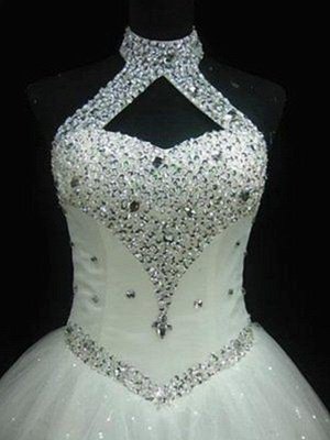 Puffy Sleeveless Floor-Length Beaded Tulle Halter Sequin Wedding Dresses_3
