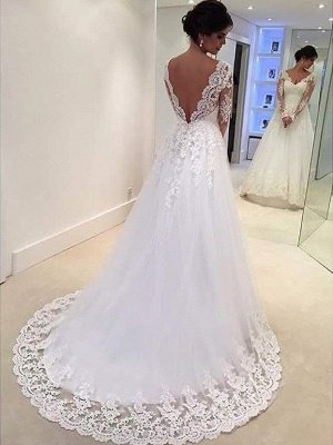 V-neck Puffy Tulle Long Sleeves Court Train Lace Wedding Dresses_3