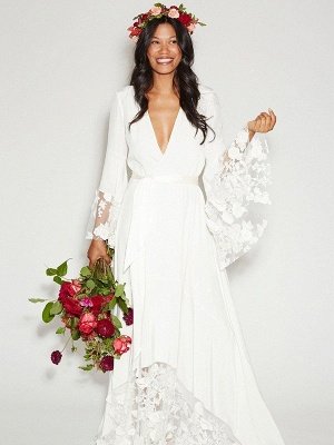 Alluring Floor-Length V-neck Chiffon Long Sleeves Lace Ribbon Wedding Dresses_2