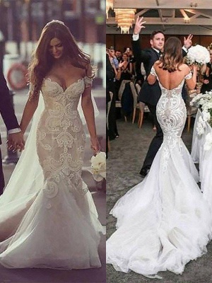 Off-the-Shoulder Tulle Chapel Train Sleeveless Sexy Mermaid Wedding Dresses_4