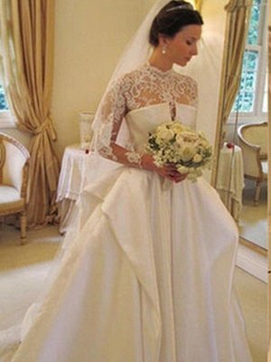 Puffy Long Sleeves High Neck Chapel Train Satin Lace Wedding Dresses_1