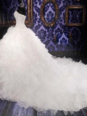 Sleek Chapel Train Beaded Sequin Puffy Sweetheart Sleeveless Organza Wedding Dresses_4