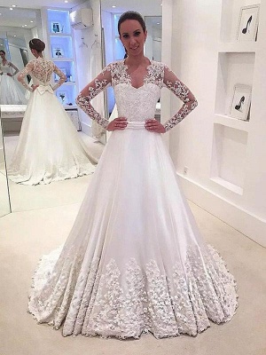 Stunning V-neck Satin Sweep Train Long Sleeves Wedding Dresses_1