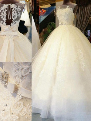 Cathedral Train Sleeveless Ribbon Scoop Applique Tulle Puffy Wedding Dresses_4