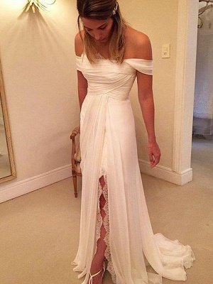 Off-the-Shoulder Sleeveless Sweep Train Chiffon Ruffles Wedding Dresses_1