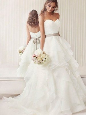 Alluring Organza Ruffles Ribbon Wedding Dresses |Sleeveless Chapel Train Sweetheart Bridal Gowns_1