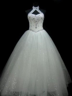 Puffy Sleeveless Floor-Length Beaded Tulle Halter Sequin Wedding Dresses_1