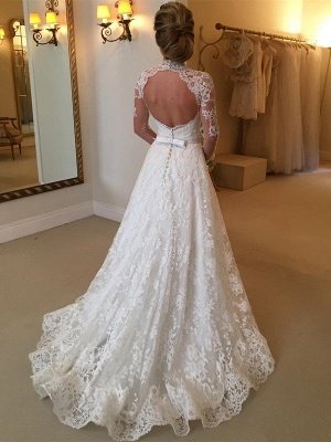 High Neck Court Train Puffy Long Sleeves Lace Wedding Dresses_3