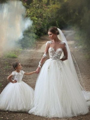 Long Sleeves Tulle Ball Gown Wedding Dresses | Floor Length Bridal Dresses with Flowers_1