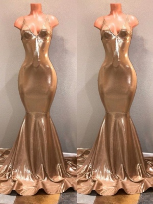Gold Spaghetti Straps Prom Dresses | Long Mermaid Backless Evening Dresses_2