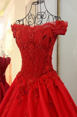 Fascinating Off-the-shoulder Beading Appliques Ruffles Ball Gown Prom Dress_5