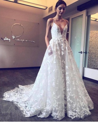 Gorgeous V-Neck Spaghetti Straps Tulle Applique Wedding Dresses_1