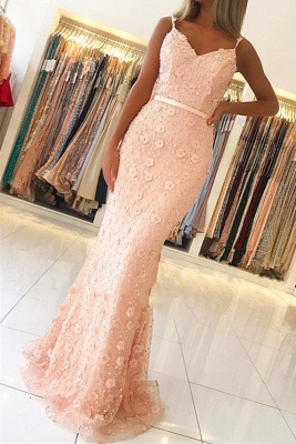 Elegant Pink Sheath Long Prom Dress | Spaghetti Straps Flowers Sleeveless Evening Dress BC2487_2