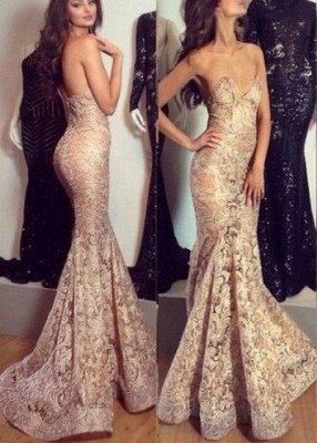 Sexy Champagne Mermaid Prom Dresses Sweetheart Neck Long Evening Gowns_2