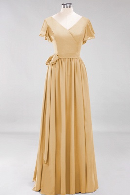 elegant A-line  V-Neck Short-Sleeves Floor-Length Bridesmaid Dresses with Bow Sash_13
