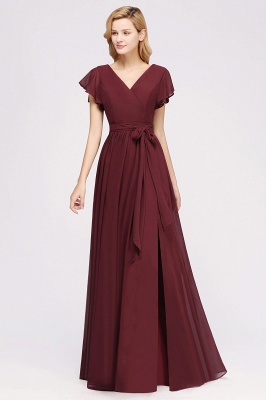 elegant A-line  V-Neck Short-Sleeves Floor-Length Bridesmaid Dresses with Bow Sash_37