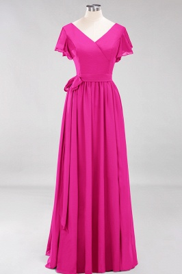 elegant A-line  V-Neck Short-Sleeves Floor-Length Bridesmaid Dresses with Bow Sash_9