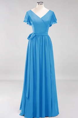 elegant A-line  V-Neck Short-Sleeves Floor-Length Bridesmaid Dresses with Bow Sash_24