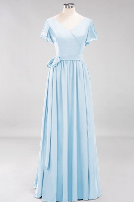 elegant A-line  V-Neck Short-Sleeves Floor-Length Bridesmaid Dresses with Bow Sash_22