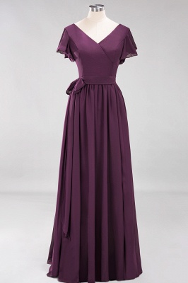 elegant A-line  V-Neck Short-Sleeves Floor-Length Bridesmaid Dresses with Bow Sash_19