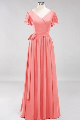 elegant A-line  V-Neck Short-Sleeves Floor-Length Bridesmaid Dresses with Bow Sash_7