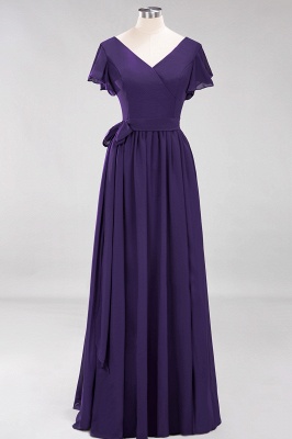 elegant A-line  V-Neck Short-Sleeves Floor-Length Bridesmaid Dresses with Bow Sash_18