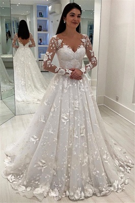 Stunning Appliques V-Neck A-Line Long Sleeves Wedding Dress_1
