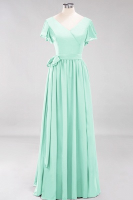 elegant A-line  V-Neck Short-Sleeves Floor-Length Bridesmaid Dresses with Bow Sash_34