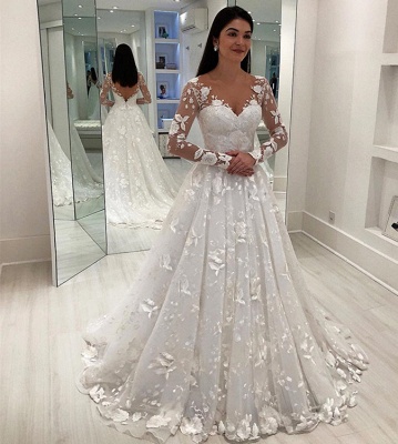 Stunning Appliques V-Neck A-Line Long Sleeves Wedding Dress_3