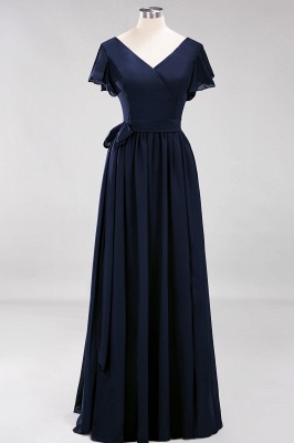 elegant A-line  V-Neck Short-Sleeves Floor-Length Bridesmaid Dresses with Bow Sash_27