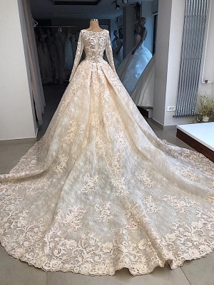 Glamorous Ball Gown Scoop Long-Sleeves Appliques Wedding Dresses_3