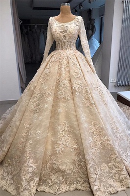 Glamorous Ball Gown Scoop Long-Sleeves Appliques Wedding Dresses_1