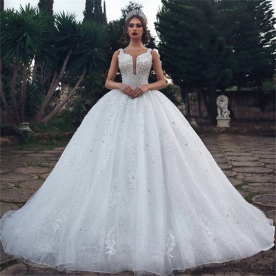Stylish Ball Gown Straps Sleeveless Appliques V-Neck Rhinestones Wedding Dresses_3