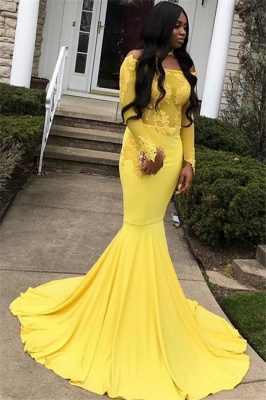 Chic Mermaid Off-the-Shoulder Long-Sleeves Appliques Floor-Length Prom Dresses_2