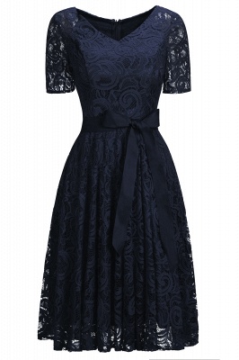 Stunning V-neck Short Sleeves Lace Dresses with Bow Sash_4