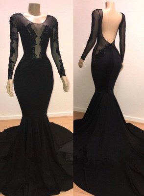 Stylish Mermaid Scoop Long-Sleeves Backless Appliques  Prom Dresses_1