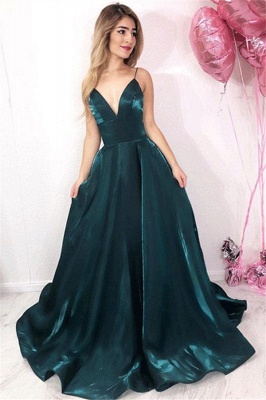 Stunning A-Line V-Neck Spaghetti-Straps Sleeveless Floor-Length Prom Dresses_1